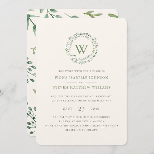 Elegante Watercolor Grüne Wreath Wedding Einladung (Vorne/Hinten)
