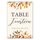 Elegante Watercolor Herbstlaubs Herbsthochzeit Tischnummer (Vorderseite)