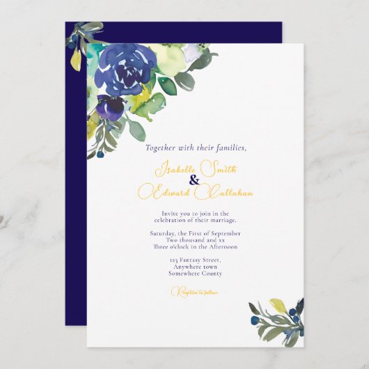 Elegante Watercolor Indigo Blue Rose Hochzeit Einladung (Vorne/Hinten)