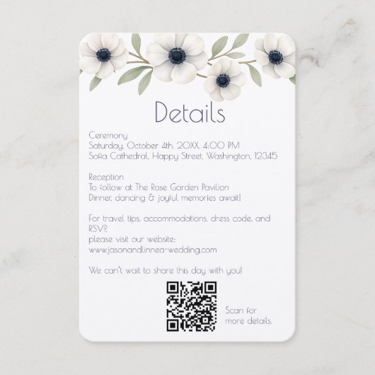 Elegante Watercolor Ivory Navy Blue Anemone Weddin Begleitkarte (Vorderseite)