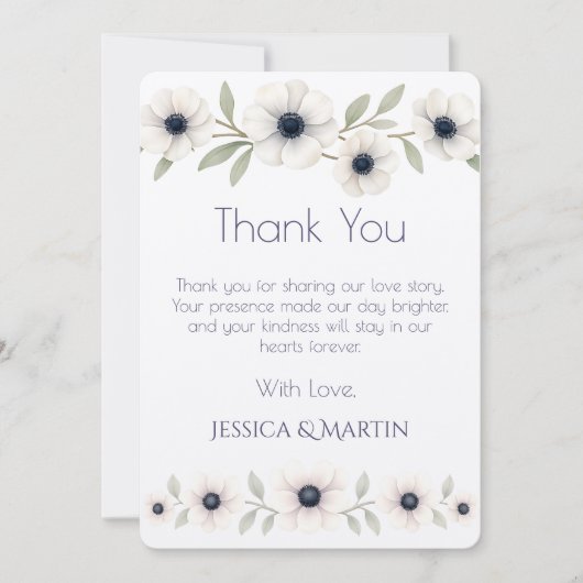 Elegante Watercolor Ivory Navy Blue Anemone Weddin Dankeskarte (Vorderseite)