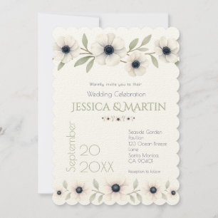 Elegante Watercolor Ivory Navy Blue Anemone Weddin Einladung