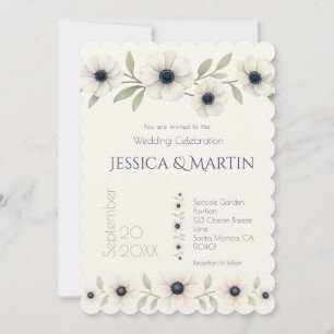 Elegante Watercolor Ivory Navy Blue Anemone Weddin Einladung