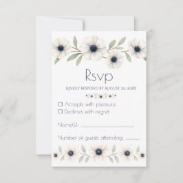 Elegante Watercolor Ivory Navy Blue Anemone Weddin RSVP Karte