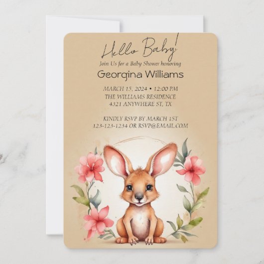 Elegante Watercolor Kangaroo Babydusche Einladung (Vorderseite)