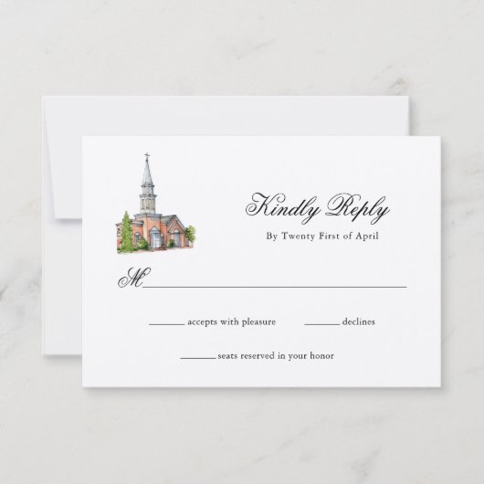 Elegante Watercolor Kirche Hochzeit RSVP (Vorderseite)