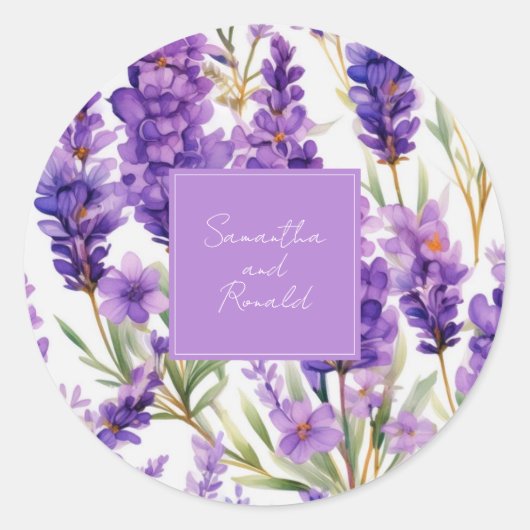 Elegante Watercolor Lavender Blume Hochzeit Runder Aufkleber (Vorderseite)