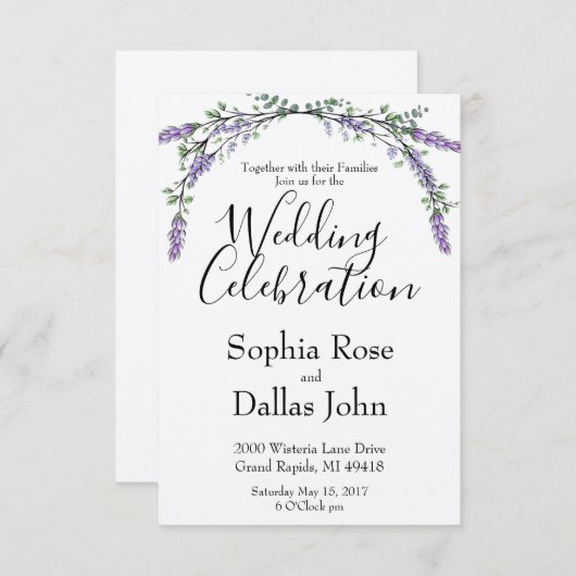 Elegante Watercolor Lavender Eucalyptus Wedding Einladung (Vorne/Hinten)