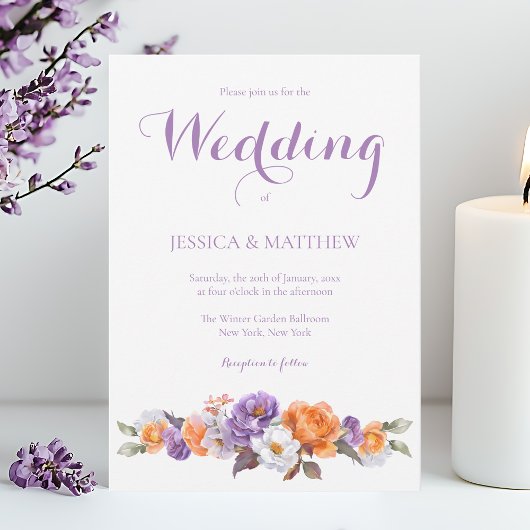 Elegante Watercolor Lavender Floral Script Hochzei Einladung