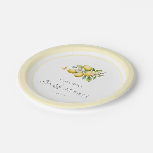 Elegante Watercolor Lemon Babydusche Pappteller (Schrägansicht)