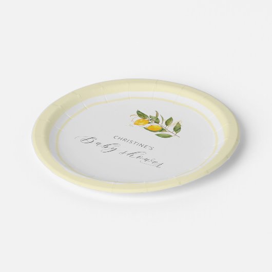 Elegante Watercolor Lemon Babydusche Pappteller (Schrägansicht)