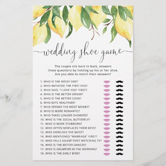 Elegante Watercolor Lemon Wedding Shoe Game Card (Vorderseite)