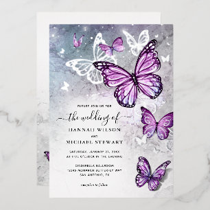 Elegante Watercolor Lila Butterfly Wedding Real Folieneinladung