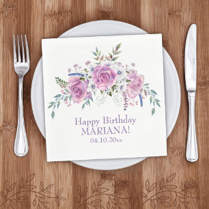 Elegante Watercolor Lila Floral Geburtstagsparty Serviette