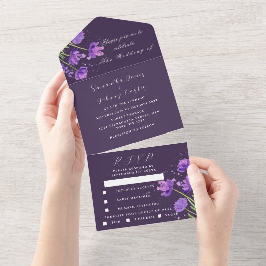 Elegante Watercolor Lila Floral Lilac Wedding All In One Einladung (Abreißen)