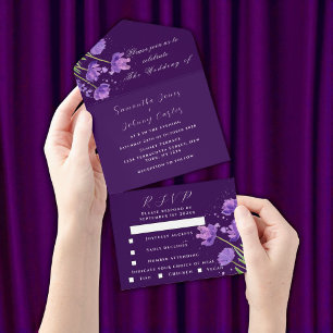 Elegante Watercolor Lila Floral Lilac Wedding All In One Einladung