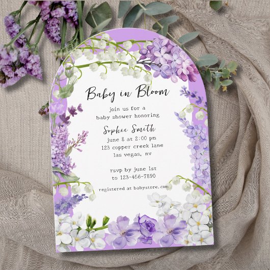 Elegante Watercolor Lilac Florals Baby Dusche Einladung