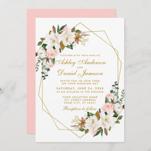 Elegante Watercolor Magnolias Rose Hochzeit Gold Einladung (Vorne/Hinten)