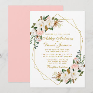 Elegante Watercolor Magnolias Rose Hochzeit Gold Einladung