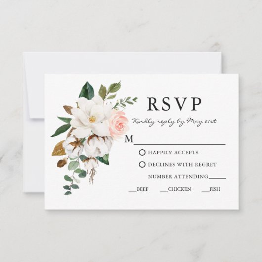 Elegante Watercolor Magnolias Rose Hochzeit RSVP Karte (Vorderseite)