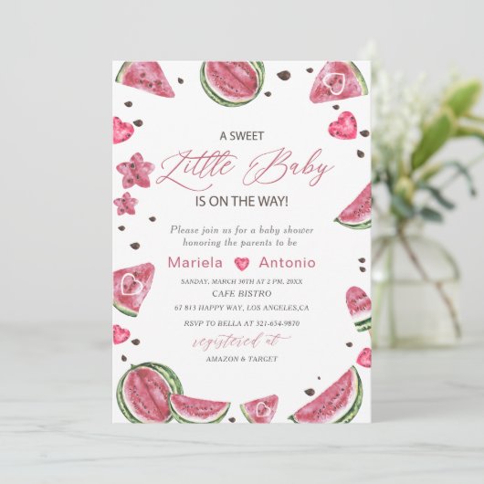 Elegante Watercolor Melon Babydusche Einladung (Stehend Vorderseite)