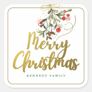 Elegante Watercolor Mistletoe Gold Frohe Weihnacht Quadratischer Aufkleber