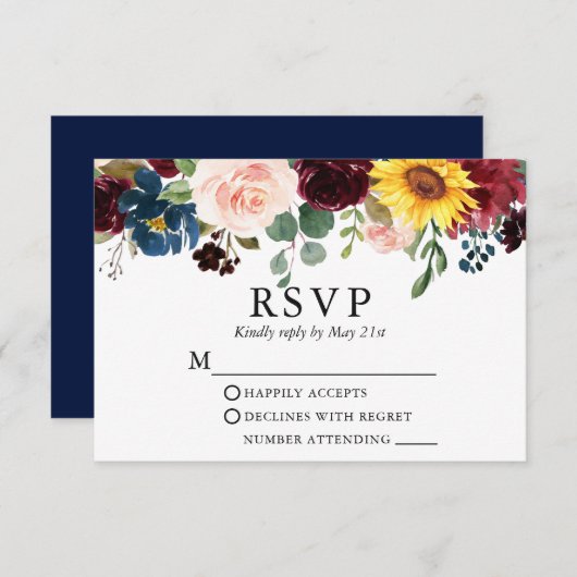 Elegante Watercolor Mixed Floral Wedding Blue RSVP Karte (Vorne/Hinten)