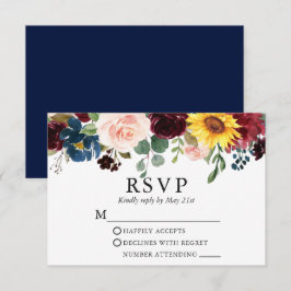 Elegante Watercolor Mixed Floral Wedding Blue RSVP Karte