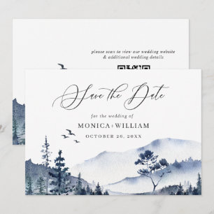 Elegante Watercolor Mountains Forest Wedding QR Save The Date