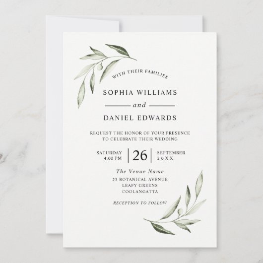 Elegante Watercolor Olive Green Leaf Wedding Einladung (Vorderseite)