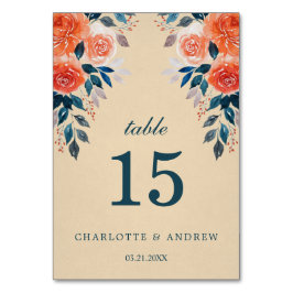 Elegante Watercolor Orange Rose Hochzeit Tischnummer