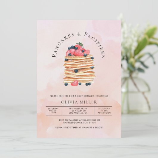 Elegante Watercolor Pancakes Brunch & Baby Dusche Einladung (Stehend Vorderseite)