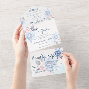Elegante Watercolor Peach Floral Script Hochzeit All In One Einladung
