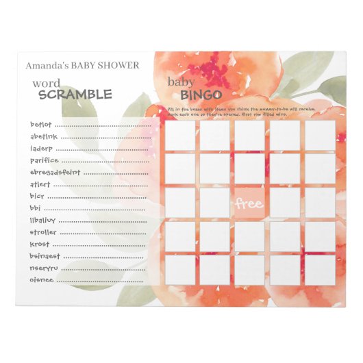 Elegante Watercolor Peach Peonies Baby Shower Game Notizblock (Vorderseite)