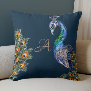 Elegante Watercolor Peacock Monogram Navy Kissen