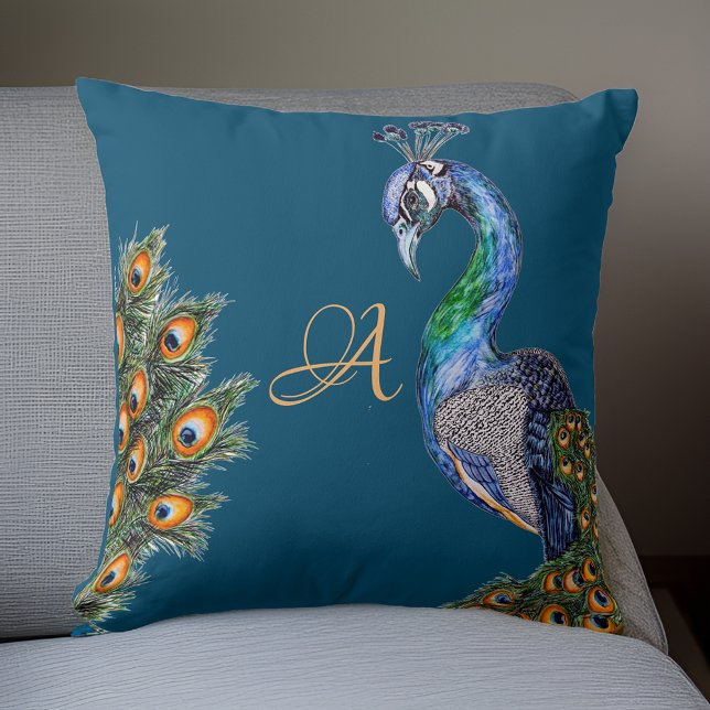 Elegante Watercolor Peacock Monogram Navy Kissen (Von Creator hochgeladen)