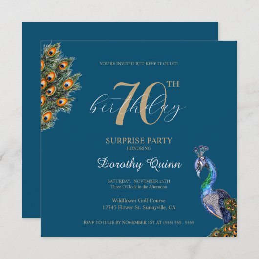 Elegante Watercolor Peacock Überraschung Geburtsta Einladung (Vorne/Hinten)
