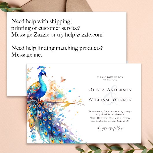 Elegante Watercolor Peacock Wedding Einladung