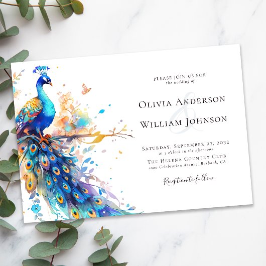 Elegante Watercolor Peacock Wedding Einladung