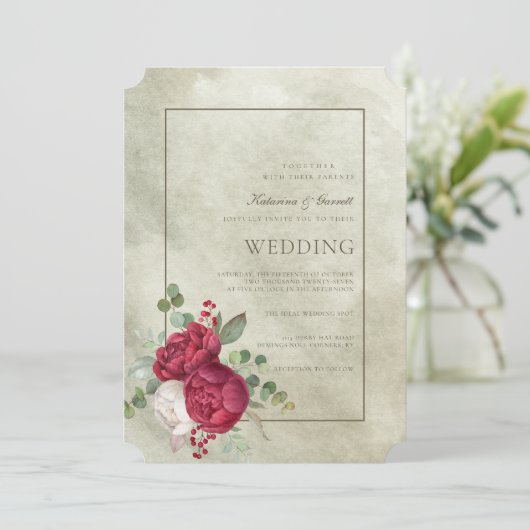 Elegante Watercolor Peonies Sage Green Wedding Einladung (Stehend Vorderseite)