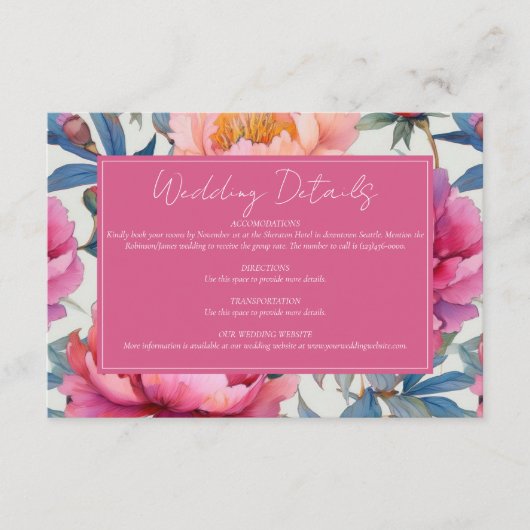 Elegante Watercolor Peony Blume Hochzeit Begleitkarte (Vorderseite)