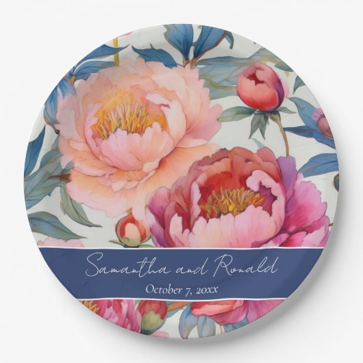 Elegante Watercolor Peony Blume Hochzeit Pappteller (Vorderseite)