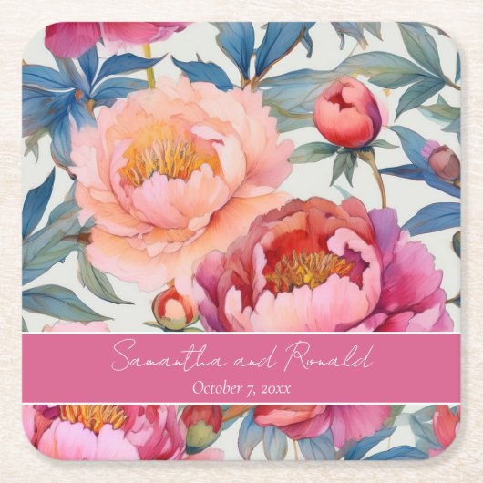 Elegante Watercolor Peony Blume Hochzeit Rechteckiger Pappuntersetzer (Vorderseite)