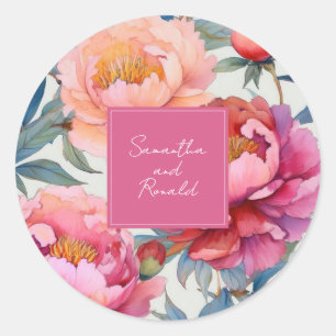 Elegante Watercolor Peony Blume Hochzeit Runder Aufkleber