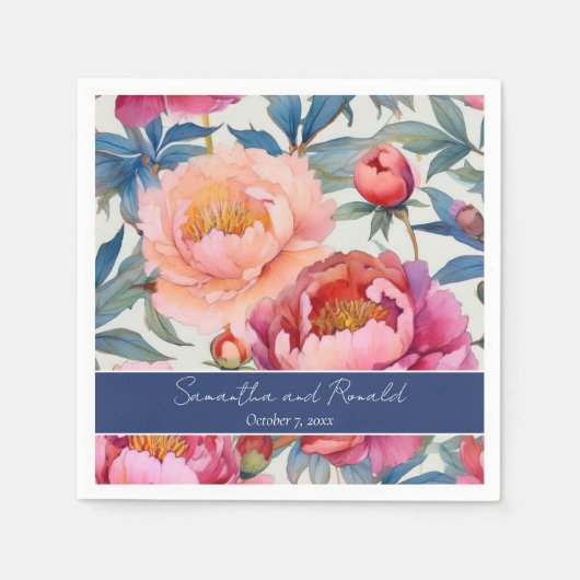 Elegante Watercolor Peony Blume Hochzeit Serviette (Vorderseite)