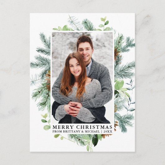 Elegante Watercolor Pine Frame Couple Weihnachten Postkarte (Vorderseite)