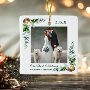 Elegante Watercolor Pine Wedding First Christmas Keramikornament