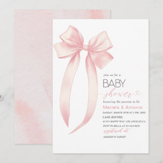 Elegante Watercolor Pink Bow Girl Baby Dusche Einladung