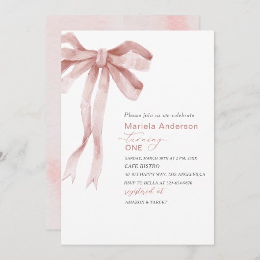 Elegante Watercolor Pink Bow Girl Baby Shower Invi Einladung (Vorne/Hinten)