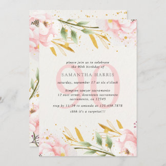 Elegante Watercolor Pink & Gold 90. Geburtstagspar Einladung